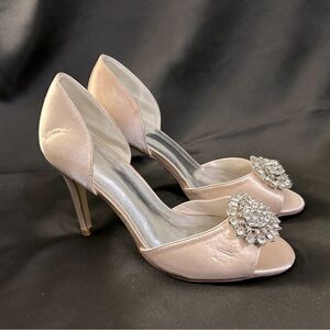 Women's Rhinestones Open Toe Satin Evening High Heels Shoes Champagne size 5.5